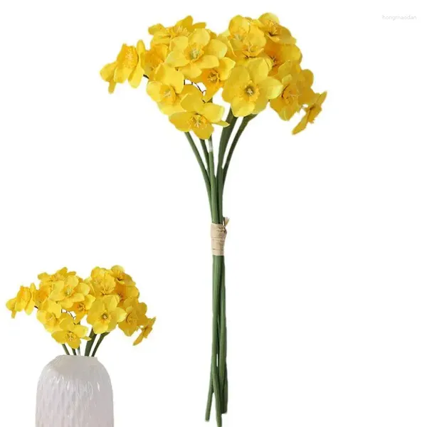 Flores decorativas 6 cabeças buquê de narciso de seda com hastes arranjo de flores artificiais para suprimentos de festa de casamento de natal