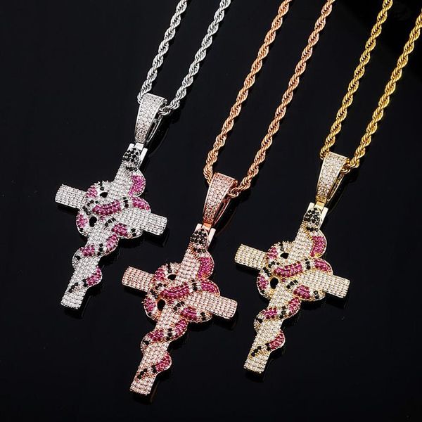 Designer de luxo jóias gelado fora pingente mens cruz colar hip hop bling rapper jewlery corda de aço inoxidável corrente cobra homens acc284f