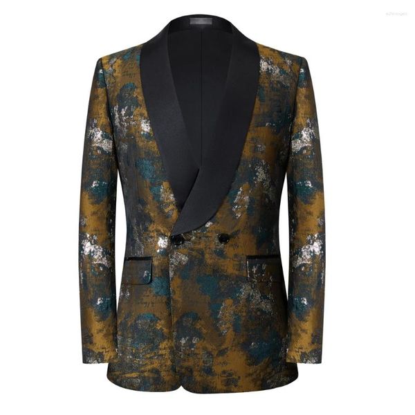 Ternos masculinos com dois botões, vestido de festa floral, jaqueta entalhada, lapela, slim fit, elegante, blazer, jacquard, preto