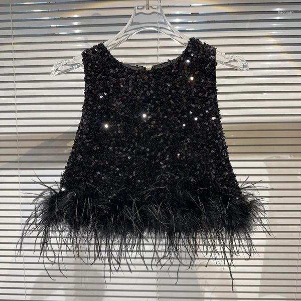 Serbatoi da donna Completo di paillettes Perline Piume nere Canotta senza maniche Cerniera impiombata Summer Lady O-Collo Club Fashion Top 2023