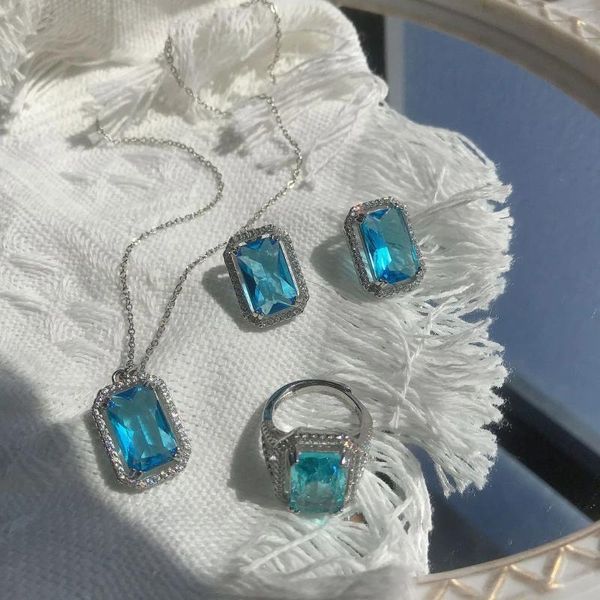 Colar brincos conjunto lihua jóias 9 quilates moda de luxo suíço azul topa pingente feminino banhado 18k cor ouro branco tesouro