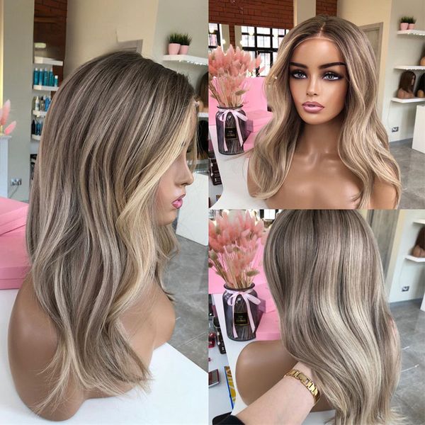 HD Human Hair Lace Frontal Wig Ash Brown Destaques Destaques coloridos Virgem Virgem Virgem Média Lace Frontente Synthetic