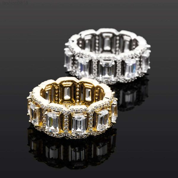 Anel de banda de corte esmeralda gelado hip hop jóias de luxo moissanite diamante pavimentar anéis de casal