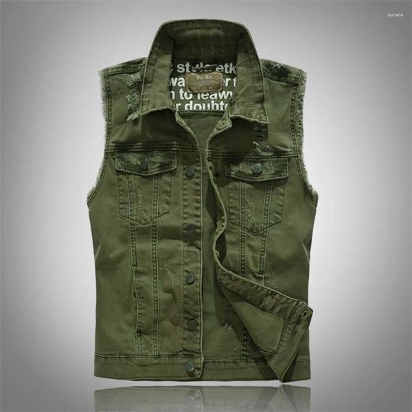 Gilet da uomo 2023 Slim Fit Uomo Giacca senza maniche Gilet di jeans strappato verde Gilet casual Arancione Jeans da cowboy Cappotto Oversize 5XL