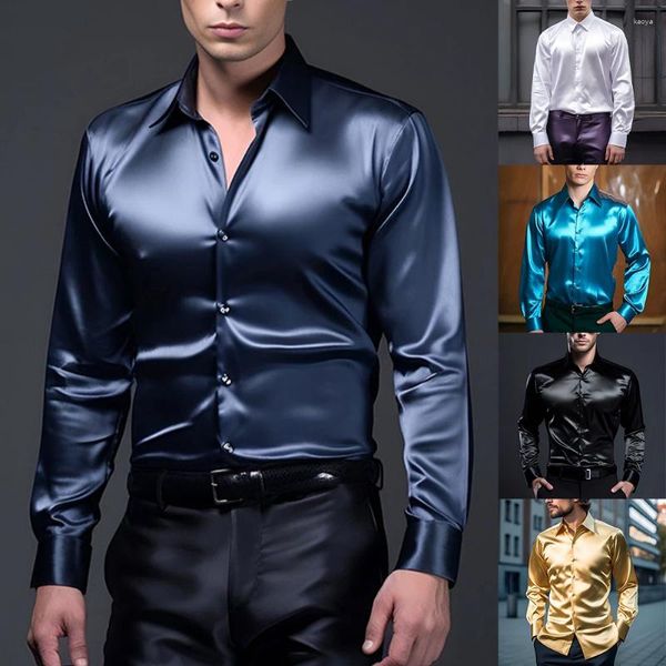 Camisas casuais masculinas cetim seda único breasted botão lapela colarinho vestido camisa magro ajuste moda festa manga longa topos roupas