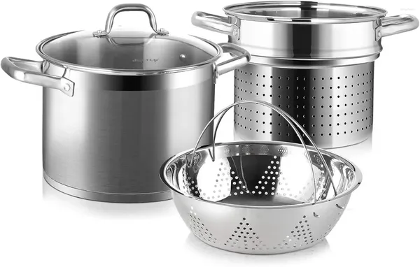 Panela de macarrão de aço inoxidável com caldeiras duplas com inserção de filtro 4PC Multipots inclui vaporizador 8.6Qt estoque de indução Wi