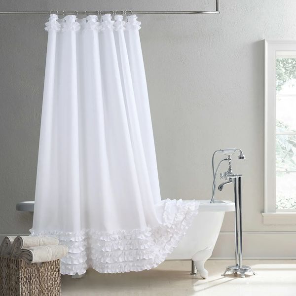 Cortinas de chuveiro com babados branco moderno poliéster à prova d'água tecido sólido decorativo fazenda cortina de chuveiro 231025
