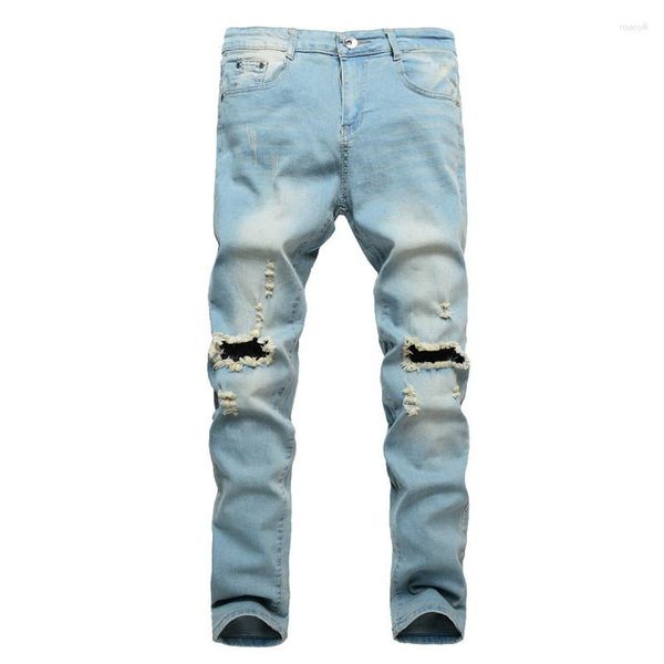 Jeans masculinos 2023 rasgado para homens retalhos oco out impresso calças cortadas yong homem cowboys hombre roupas