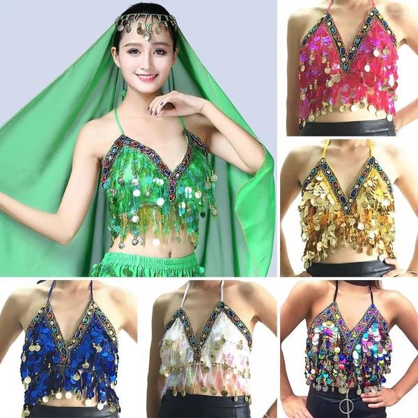 Abbigliamento da palco Discoteca Danza Spettacolo di paillettes Costumi Reggiseno pancia Halter Performance Top