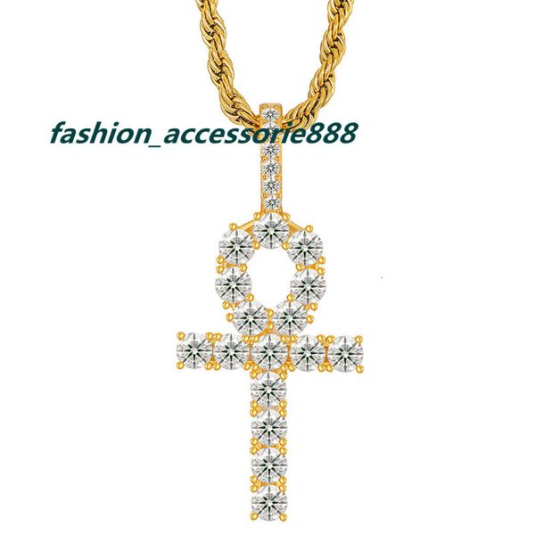 18k Gold Ankh Anhänger Halskette 925 Sterling Silber Iced Out Fashion Moissanit Kette Seil Kreuz Halskette Moissanit Anhänger