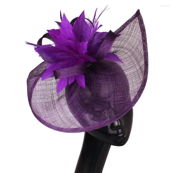 Berets roxo casamento feriado malha fascinator chapéu para mulheres elegante pena flor festa chá fedora pillbox