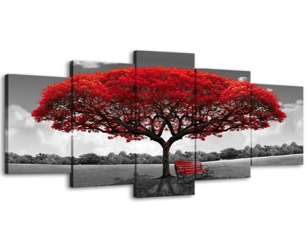 Amosi Art5 Panels, roter Baum, Leinwandgemälde, Wandkunst, Landschaft, Kunstwerk, Drucke für Wohnzimmer, Schlafzimmer, Heimdekoration, Holzrahmen, Rea63962114