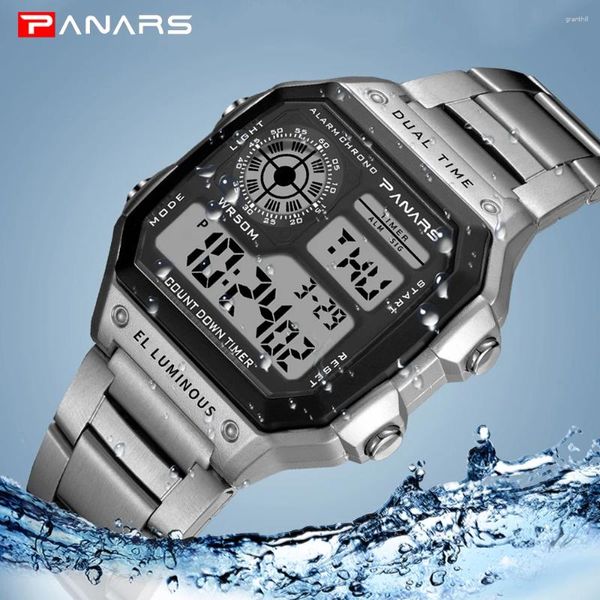 Нарученные часы Panars Business Men смотрит на водонепроницаемые спортивные часы из нержавеющей стали цифровые часы Relogio Masculino Erkek Kol Saati