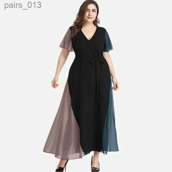 Grundlegende Freizeitkleider Plus Size V-Ausschnitt Sommer Elegantes Chiffon-Partykleid Frauen Kurzarm Maxi Schärpe Taille Fit Flare Abend 6XL YQ231025