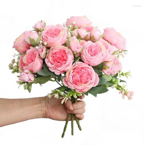Fiori decorativi Bouquet di rose artificiali Peonie rosa di seta grandi per matrimoni Home Office El Decorazione Centrotavola Decor