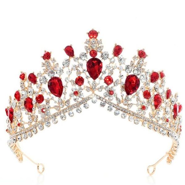 Matrimonio Nuziale Rosso Blu Corona Tiara Strass Fascia Accessori per capelli Gioielli Verde Oro Principessa Regina Corone di cristallo Diademi P1810