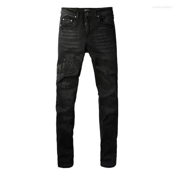 Jeans masculinos a marca de alta qualidade preto streetwear magro ajuste letras de couro bordado remendos estiramento