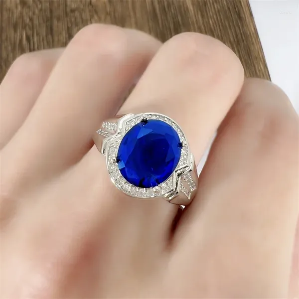 Anéis de cluster na moda 925 anel de prata esterlina para homens jóias personalidade cristal azul casal mulheres acessórios de noivado com pedras