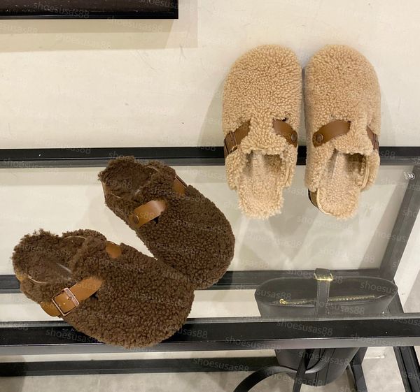 Designer sandália inverno clássico chinelos de pele sapato boston macio footbed chinelos feminino chinelo de neve sapato