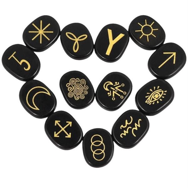 Conjunto de pedras de runas de bruxas naturais, conjunto de 13 cristais de cura com símbolos ciganos gravados de reiki para meditação adivinhação290e