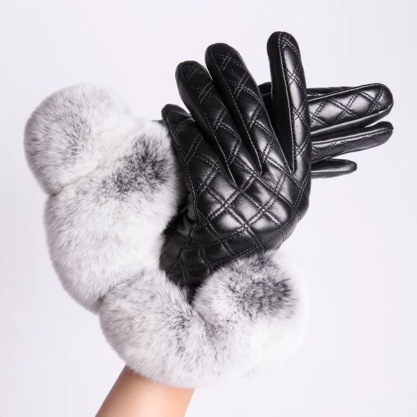 Cinco Dedos Luvas MPPM Real Rex Rabbit Fur Luvas Mulheres Luvas de Couro Genuíno para Inverno Touchscreen Luvas Moda Mittens 231025