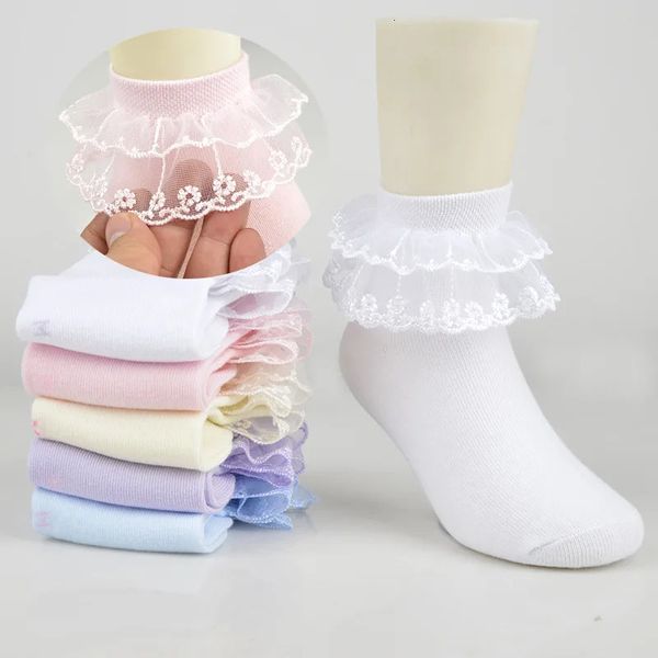 Детские носки 3 пары хлопковых кружевных дышащих носков принцессы с рюшами в сетку, детские короткие носки до щиколотки, белые, розовые, синие, для маленьких девочек, для малышей 231025
