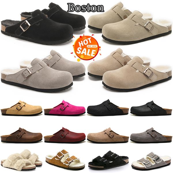 Sandálias Boston Clogs Sandália Designer Fur Chinelos Clog Arizona Homens Mulheres Slides Preto Branco Camurça Couro Fivela Strap Platform Sneakers Falt Slides Hotsale