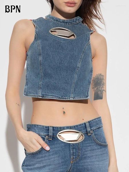 Canotte da donna BPN Top in denim sexy senza schienale per le donne Halter senza maniche con spalle scoperte Gilet dimagrante con lacci Abiti di moda femminile