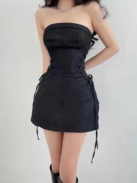 Vestidos casuais 2023 mulheres lace-up y2k peito envolvente sexy high street skinny estiramento magro retalhos chique hip curto mini vestido emo