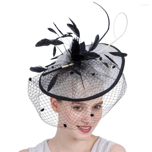 Berets bege casamento fascinator chapéu fedora nupcial cocktail chapéus com penas para corridas festa véus headpiece