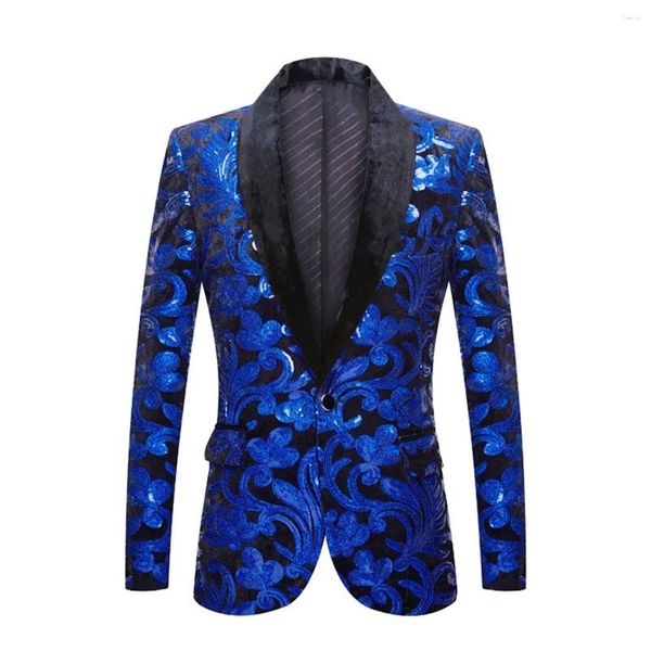 Мужские костюмы, мужской модный синий бархатный костюм с блестками и цветочным узором, пиджак, пиджак, смокинг на одной пуговице, пиджаки для вечеринки, свадьбы, выпускного вечера