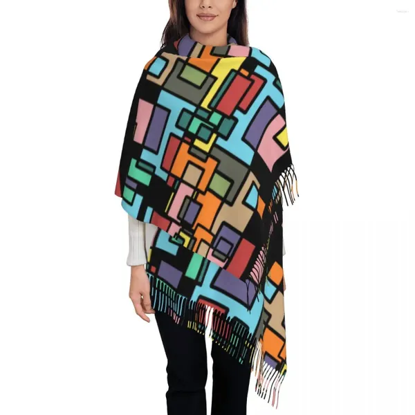 Шарфы, женский шарф с кисточками, продолговатый Mondrian De Stijl, большой мягкий теплый шаль и накидка, абстрактное современное искусство, повседневная одежда, пашмина