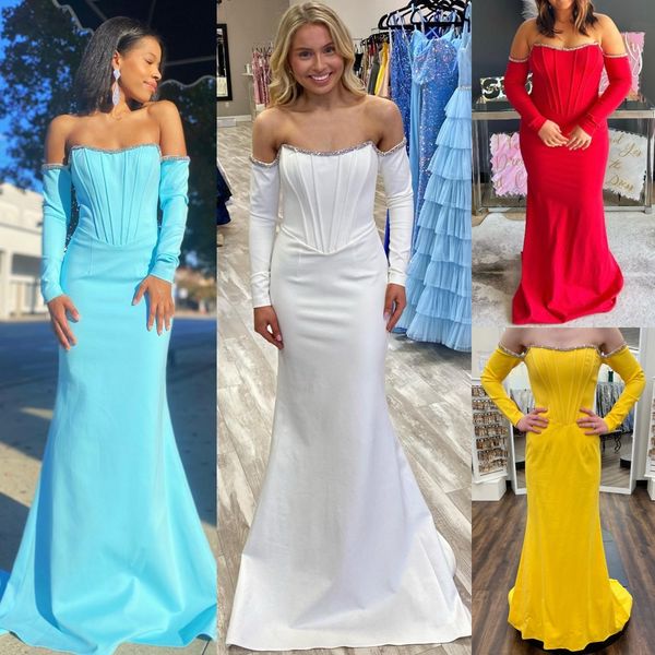 Fit n Flare Aqua Prom Dress 2k24 Mangas Compridas Corset Corset Beading Lady Pré-adolescente Girl Pageant Vestido Formal Festa de Casamento Convidado Red Capet Runway Gala Black-Tie Azul Claro