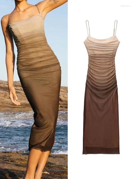 Vestidos casuais praia estilo impressão tule vestido para mulheres verão 2023 feminino pescoço reto fino cinta plissada decoração sexy midi