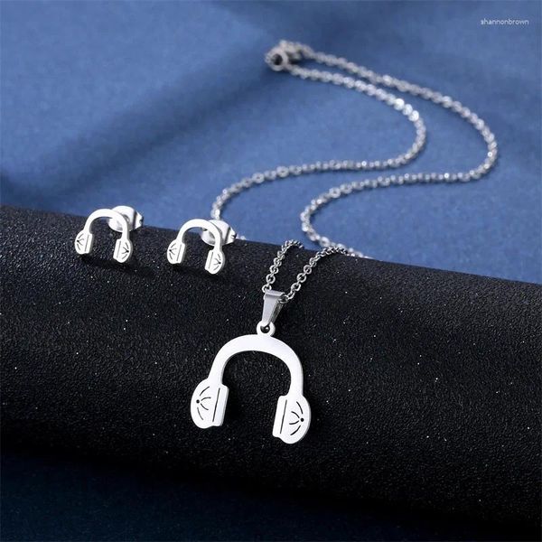 Halskette Ohrringe Set Hip Hop Musik Edelstahl Schmuck Punk Kopfhörer Ohrstöpsel Halsketten Headset Anhänger Collier Für Frauen Mädchen Geschenk