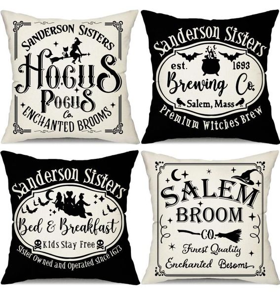 Fronha Halloween Ers 18X18 Conjunto de 4 Decorações Sanderson Sisters Hocus Pocus Lance Dizendo Almofada Decorativa Para Hom Garden29559540