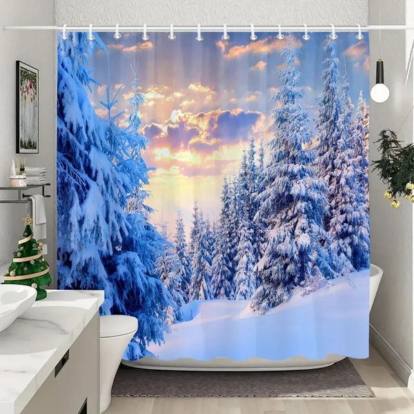 Cortinas de chuveiro inverno floresta neve cortinas de chuveiro árvore de natal feliz ano presente poliéster tecido lavável casa banho cortina decoração do banheiro 231025