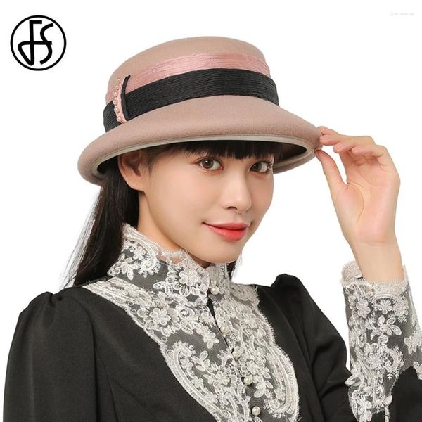 Berets fs 2023 feminino elegante boina lã feltro fascinators fedoras chapéus para mulheres casamento senhoras boné véu cúpula millinery coreano