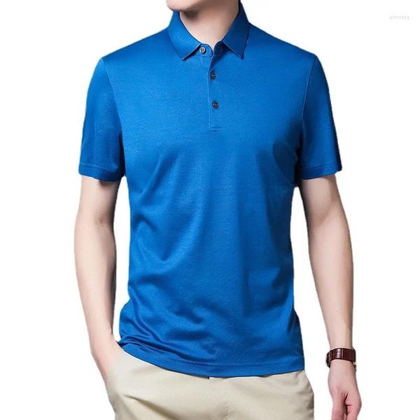 Homens Camisetas Azul Amoreira Seda Cor Sólida T-shirt de Manga Curta Adequado para Negócios e Lazer Verão Juventude Top Ice Meia Manga