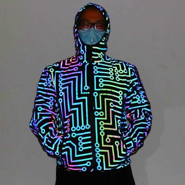 Herrenjacken Nachtclub Tänzer Schaltung Geometrisches Muster Regenbogenfarbe Reflektierende Jacke Männer Frauen Hip-Hop Mechanischer Tanz Kapuzenmantel YQ231025