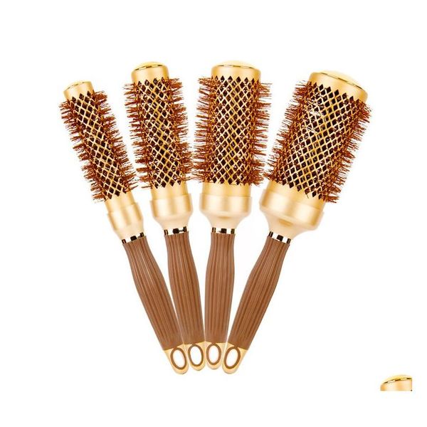 Salon Bundle Hair Gold Themal Hai Nano Ceramic Curly Har Spazzola rotonda Pettine ionico radiale in alluminio in 4 dimensioni Spazzole professionali Drop Dhst9