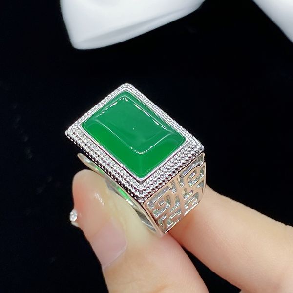 Männer Schmuck Ring Eisgrün Jade Chalcedon Hohl aus Weißgold Offener Ring Freund Geschenk verstellbar