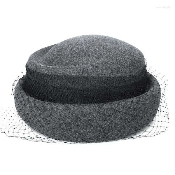 Berets x4045 lã fedora véu chapéu adulto retro boina cúpula top bacia chapéus mulheres cloche curling