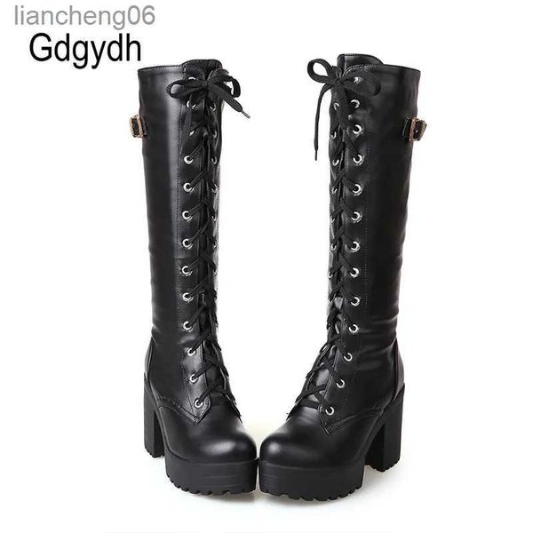 Botas Gdgydh Venda Quente Primavera Outono Lacing Joelho Botas Altas Mulheres Moda Branco Quadrado Salto Mulher Sapatos De Couro Inverno PU Grande Tamanho 43L231025