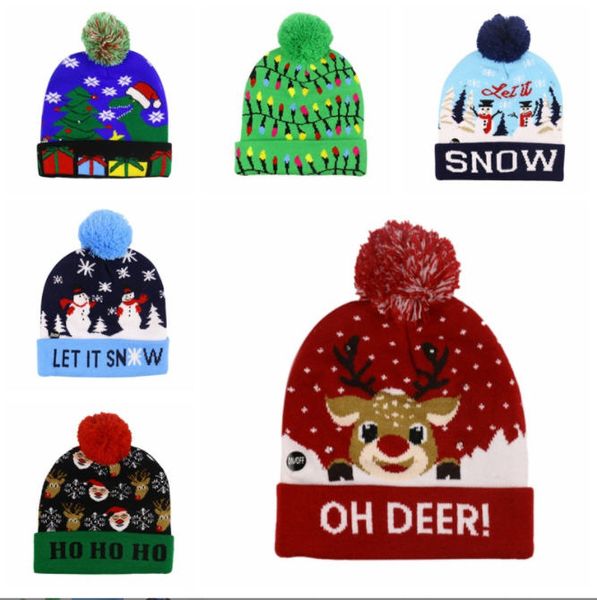 2023 Novo presente de Natal LED chapéus de malha crianças bebês mães inverno gorros quentes crochê bonés para bonecos de neve de abóbora festival decoração de festa presente adereços moda gorros