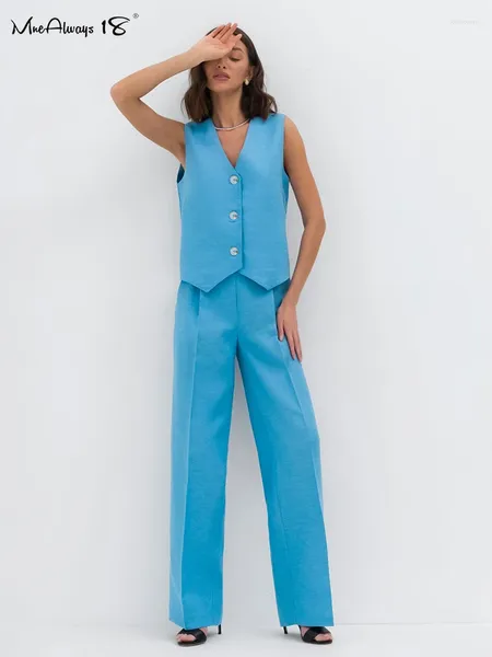 Pantaloni da donna in due pezzi da ufficio Set da 2 pezzi Elegante cotone e lino con scollo a V senza maniche Gilet con bottoni Vestito estivo a vita alta Largo