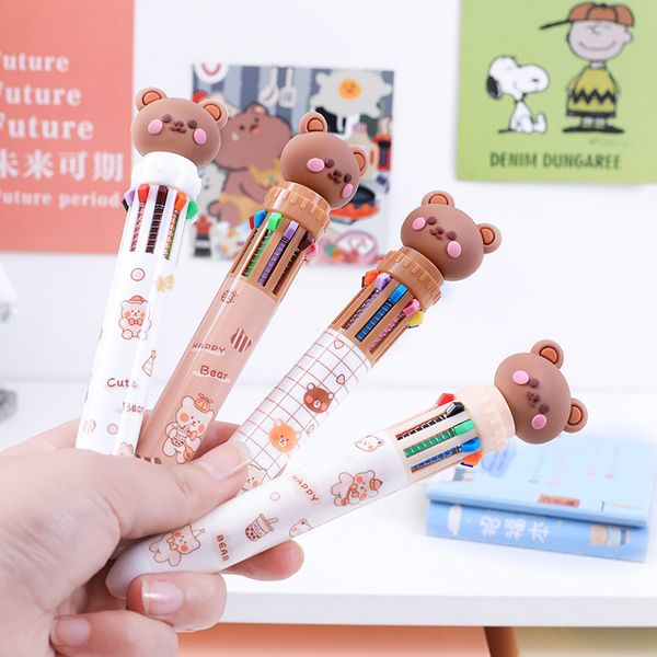 Caneta esferográfica de dez cores de urso de desenho animado, imprensa fofa, livro de mão, caneta de escrita, estudantes, aprendem a escrever, presentes de festival de papelaria