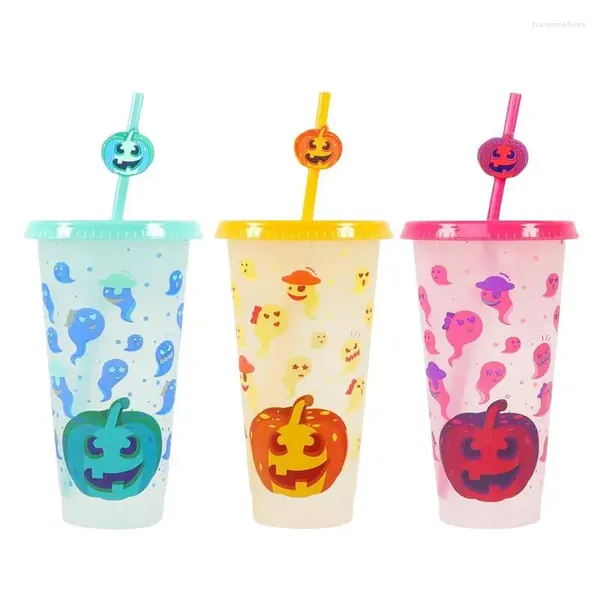 Bicchieri Bicchiere riutilizzabile per tazza di caffè ghiacciato di Halloween con cannuccia per coperchio 3 pezzi da 24 once Coperchi e cannucce con motivo fantasma di zucca