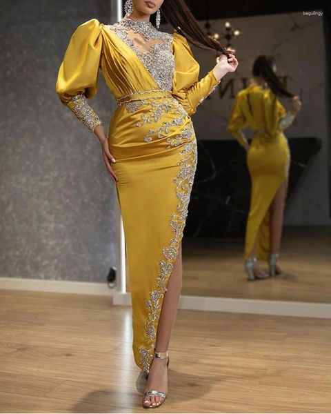 Abiti casual Decorazione con paillettes in raso Abito da banchetto sottile da donna Abito da sera Giallo Taglie multiple Cerniera Abito con orlo grande Elegante formale