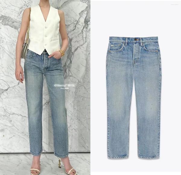 Jeans da Donna a Vita Alta Ricamati Anelastici Nostalgici Azzurri Dritto Autunno